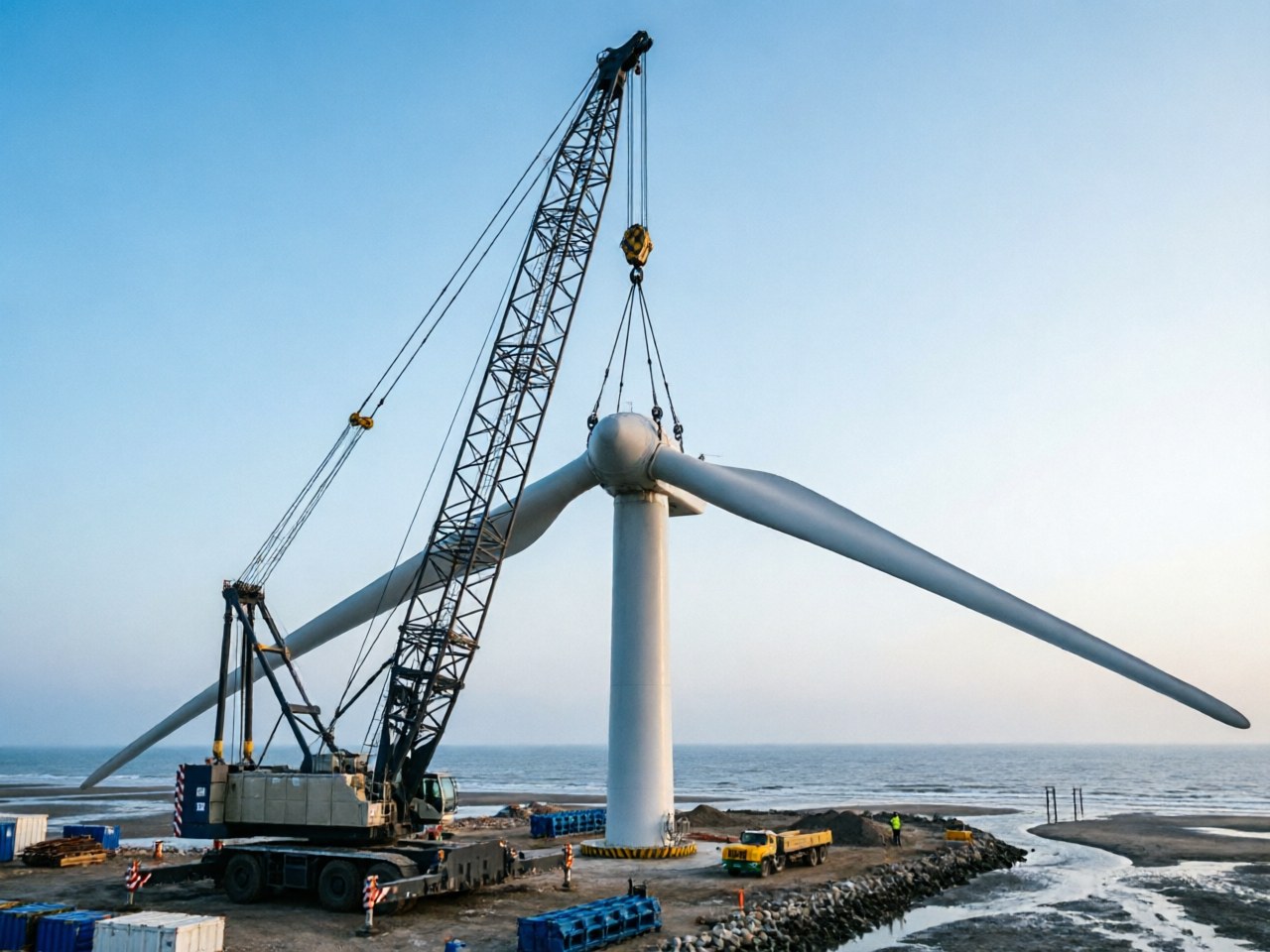 Blades 502 feet long turn on the world's biggest 26 MW turbine at a test base in Shandong, and the circle they sweep covers 829,000 square feet, about 14 American football fields / 山东测试基地全球最大26兆瓦风机叶片长达502英尺,扫风面积覆盖82.9万平方英尺,约14个美式足球场