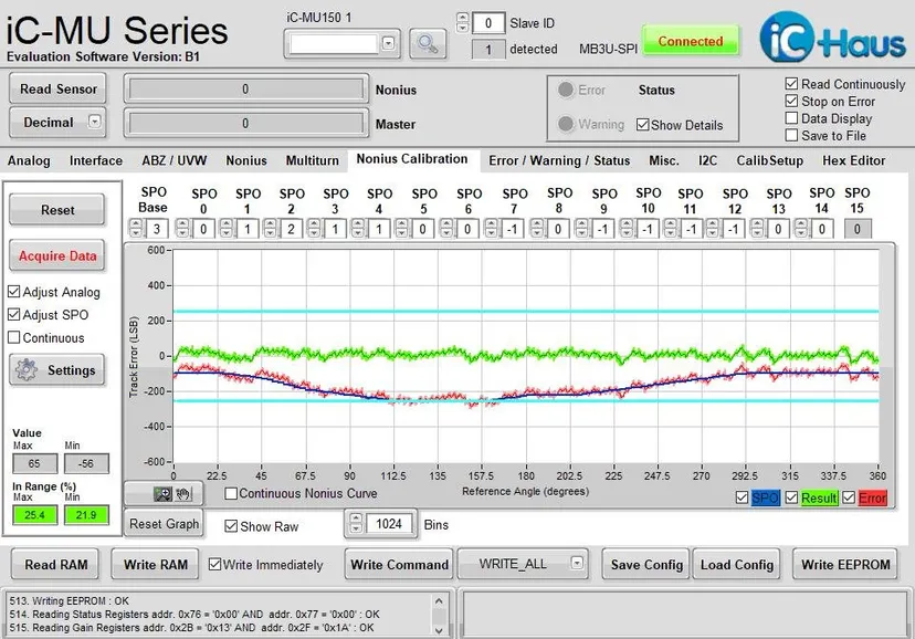MU150 SMD20-33.5-8.7 Factory Test Data — iC-MU Evaluation Software (Nonius Calibration)